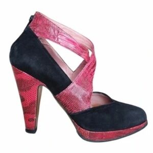 Alaïa black suede D'Orsay Heels with red python-skin crossover straps